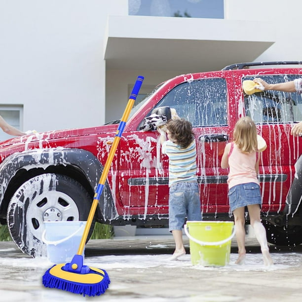 Cepillo de lavado de varilla curvada telescópica Cepillo de coche Cabello suave No daña el coche (Azul)