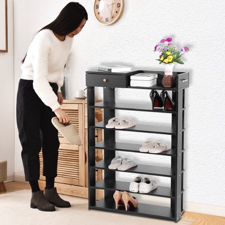 Ymiko 6 Tiers Black Standing Shoe Rack With Drawer Shoes Shelf