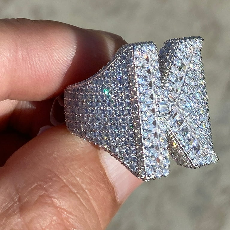 Men s Real Solid 925 Sterling Silver Initial Letter K Iced Baguette Flooded Out Big Hip Hop Ring Size 11