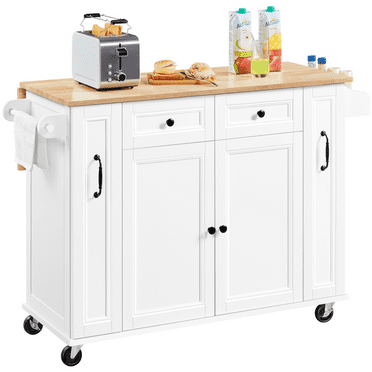 Alden Design Rolling Storage Kitchen Cart with Drop-Leaf Breakfast Bar & 2 Drawers, White