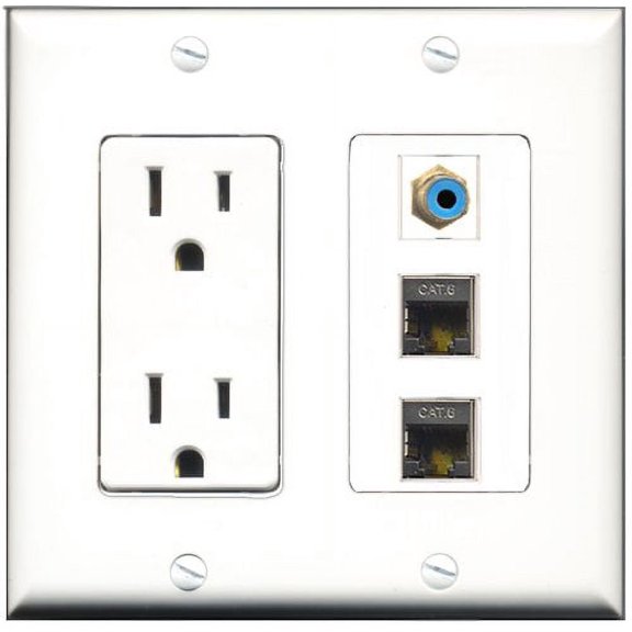 RiteAV - 15 Amp Power Outlet 1 Port RCA Blue 2 Port Shielded Cat6 Ethernet Ethernet Decorative Wall Plate