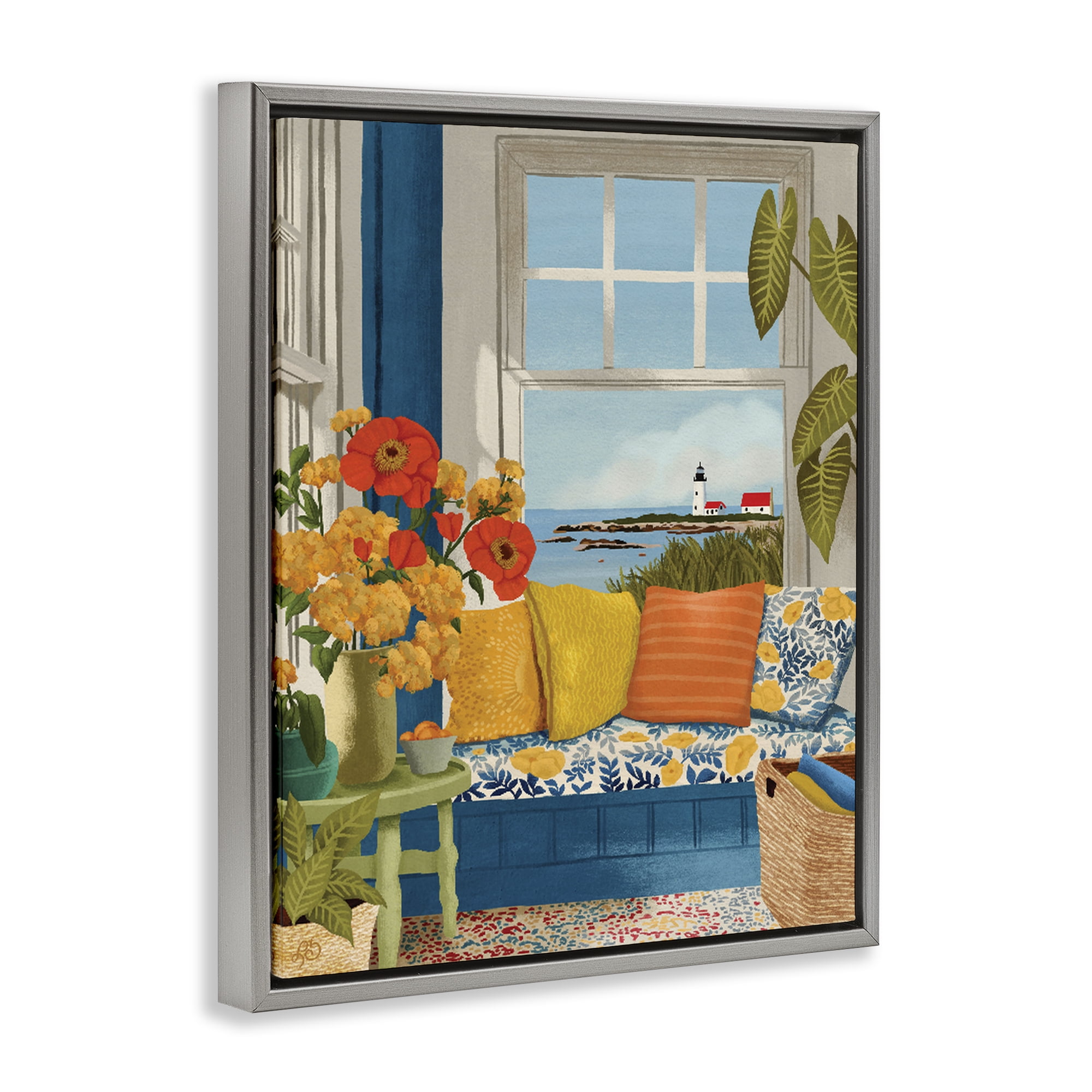 Stupell Industries Distant Lighthouse Window View Gray Framed Floater Canvas Wall Art, design by Lisa R Dumm