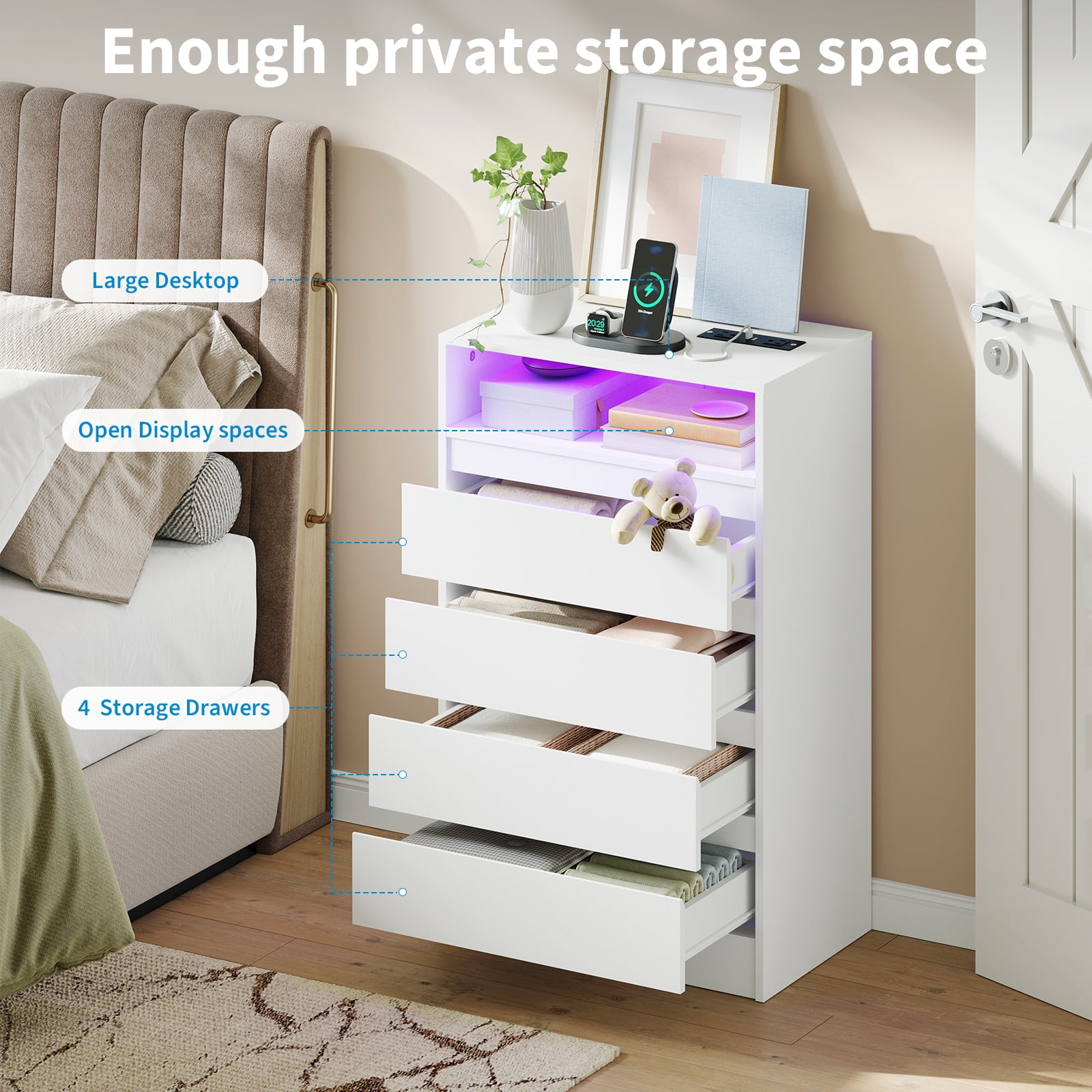 Modern Wide 4 Drawer Dresser with LED Lights & USB Charging Station – Bedroom, Living Room Storage Cabinet – Ample Space, Power Outlet – Accent Chest of Drawers