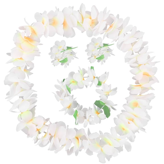 4 Pcs Hawaiian Headpiece Thicken Artificial Flower Headband Necklace Bracelet Hawaiian Garland Tropical Beach Party Fancy Decors (White)