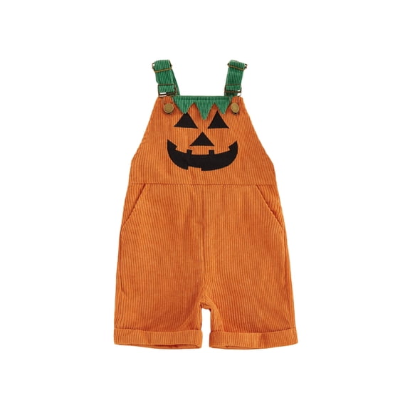 RUINIXCW Toddler Baby Boy Girl Halloween Overalls Outfit Summer Fall Clothes Corduroy Romper Bib Overalls with Pockets Devil Pumpkin Face Printed Sleeveless Adjustable Strap Jumpsuit Shorts