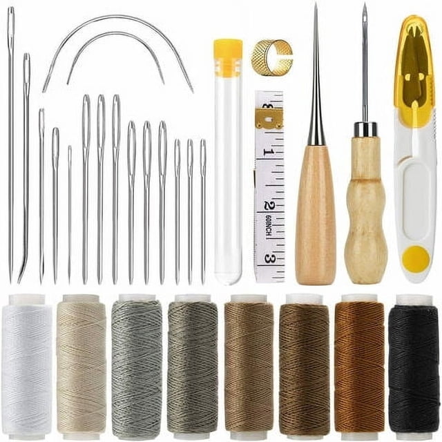 Kit de costura de cuero, 29 piezas, agujas de coser, hilo, cordón, cinta métrica, dedal, manualidades de cuero, 29 piezas