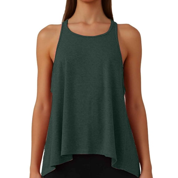 MIXUE Boho Tops For Women Summer Solid Color Round Neck Sleeveless Sports Yoga Vest Pullover Shirts For Women T Shirts Holiday Wear,Green,L