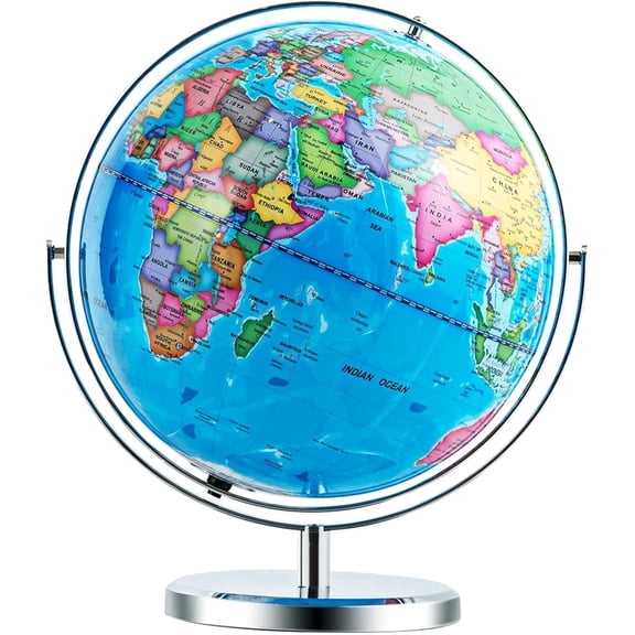 13" Large World Globe with Stand, 720° Rotating Illuminated Globe with LED Lights, Metal Base, Desktop Educational Geographic Globe for Learning, Classroom, Office