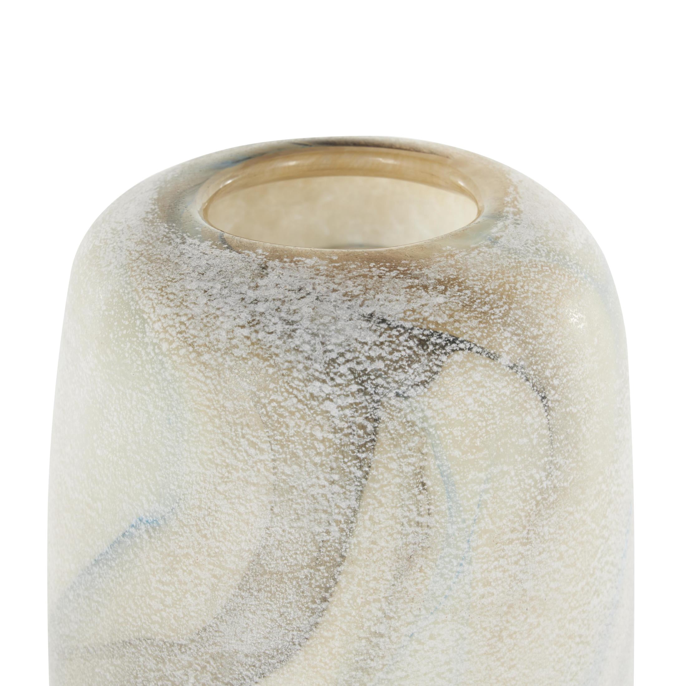 DecMode 10" Distressed Cream Glass Vase with Blue and Tan Texturing