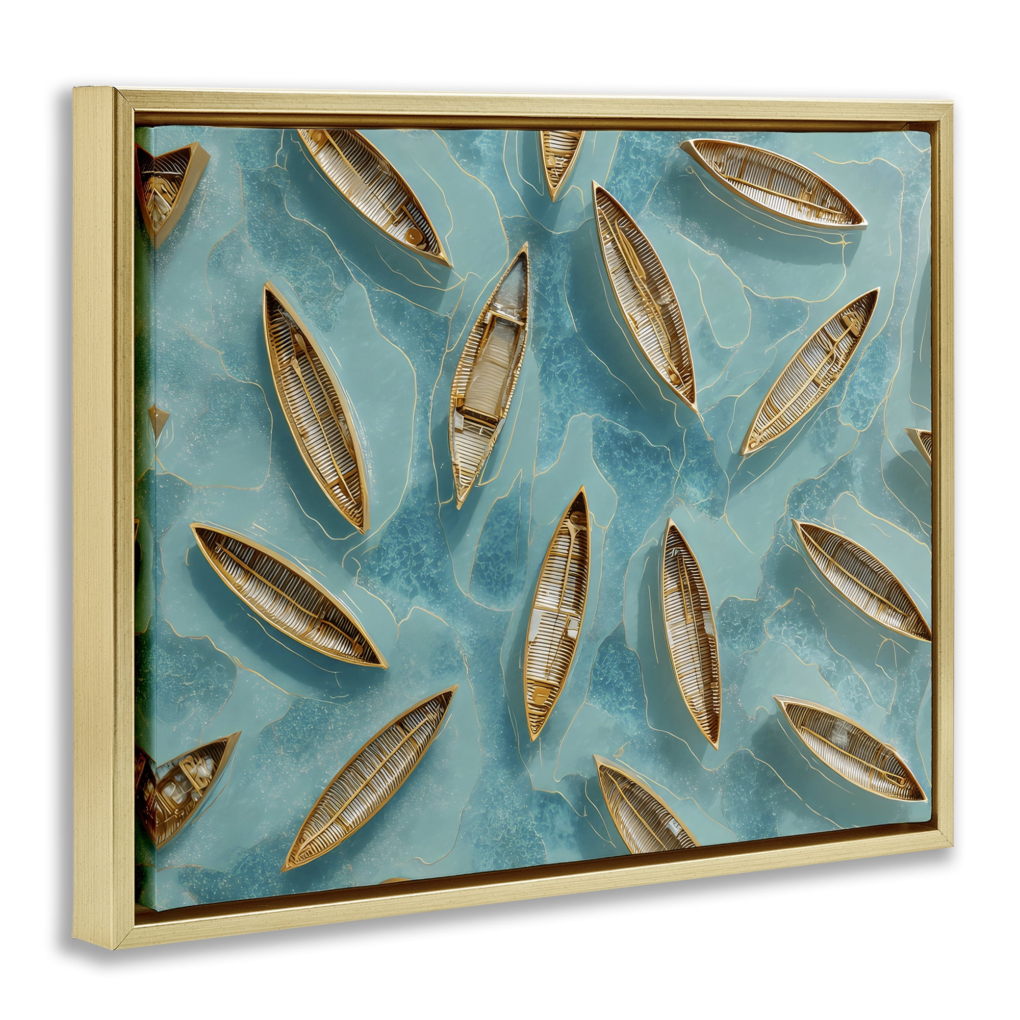 Harmonious Canoes on Water Gold Framed Floater Canvas Wall Art, design by Franklyn Gregory