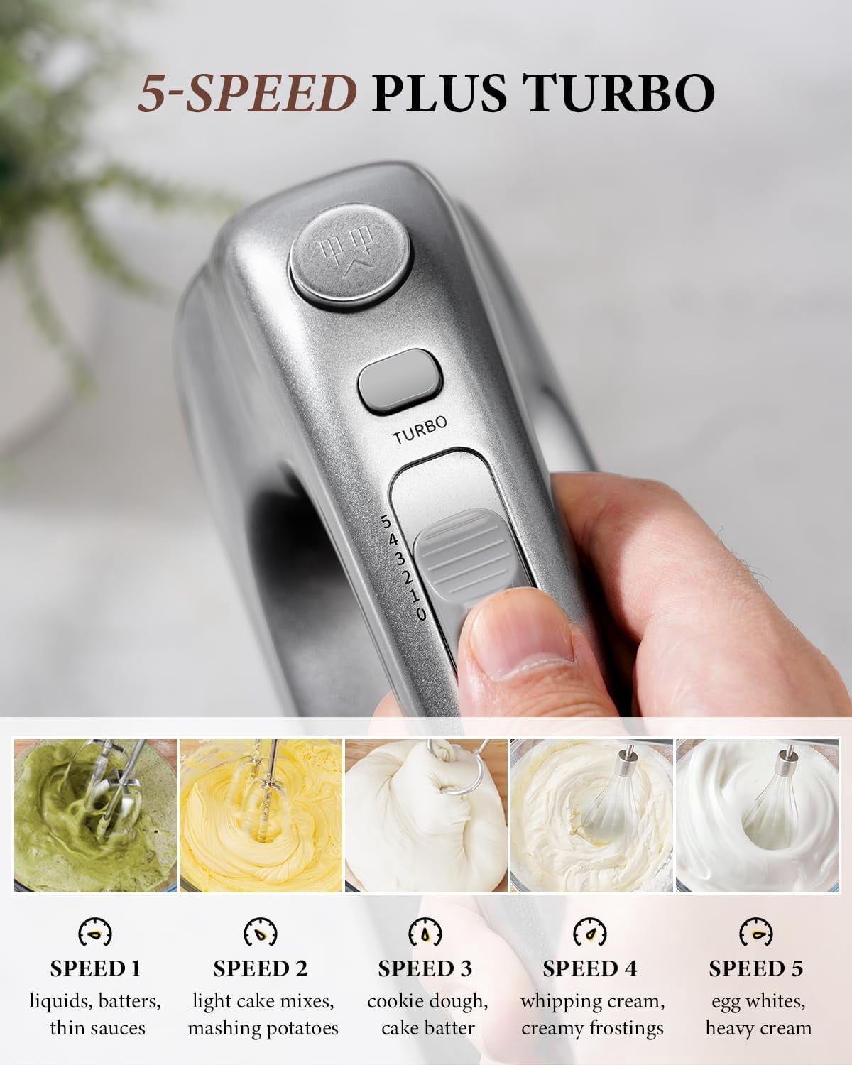Hand Mixer, 450W Handheld Mixer with Storage Case 5-Speed Plus Turbo Hand Mixer Electric With 5 Stainless Steel Attachments(2 Beaters, 2 Dough Hooks and 1 Whisk), Silver