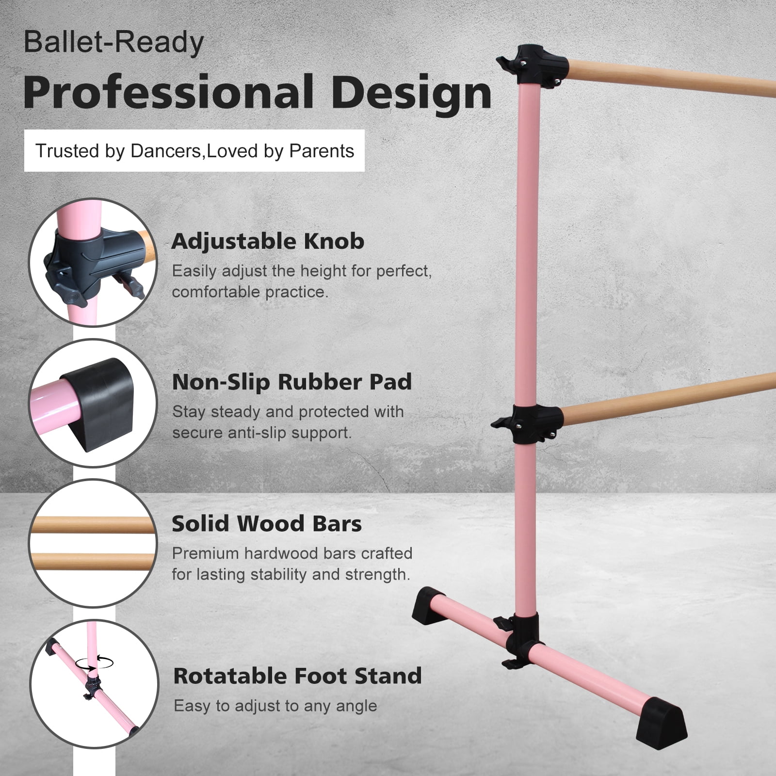 Solid Wood Ballet Barre 4FT with Adjustable Height 6.7-46 Inches, Professional Dance Practice Barre with Rotatable Base for Home, Studio, Adjustable, Pink