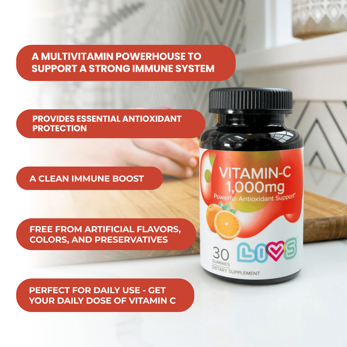 LIVS 1000mg Vitamin C Gummies with Zinc, Sugar Free Immune Support Supplement, Vegan, (Pack of 2) 30 Count