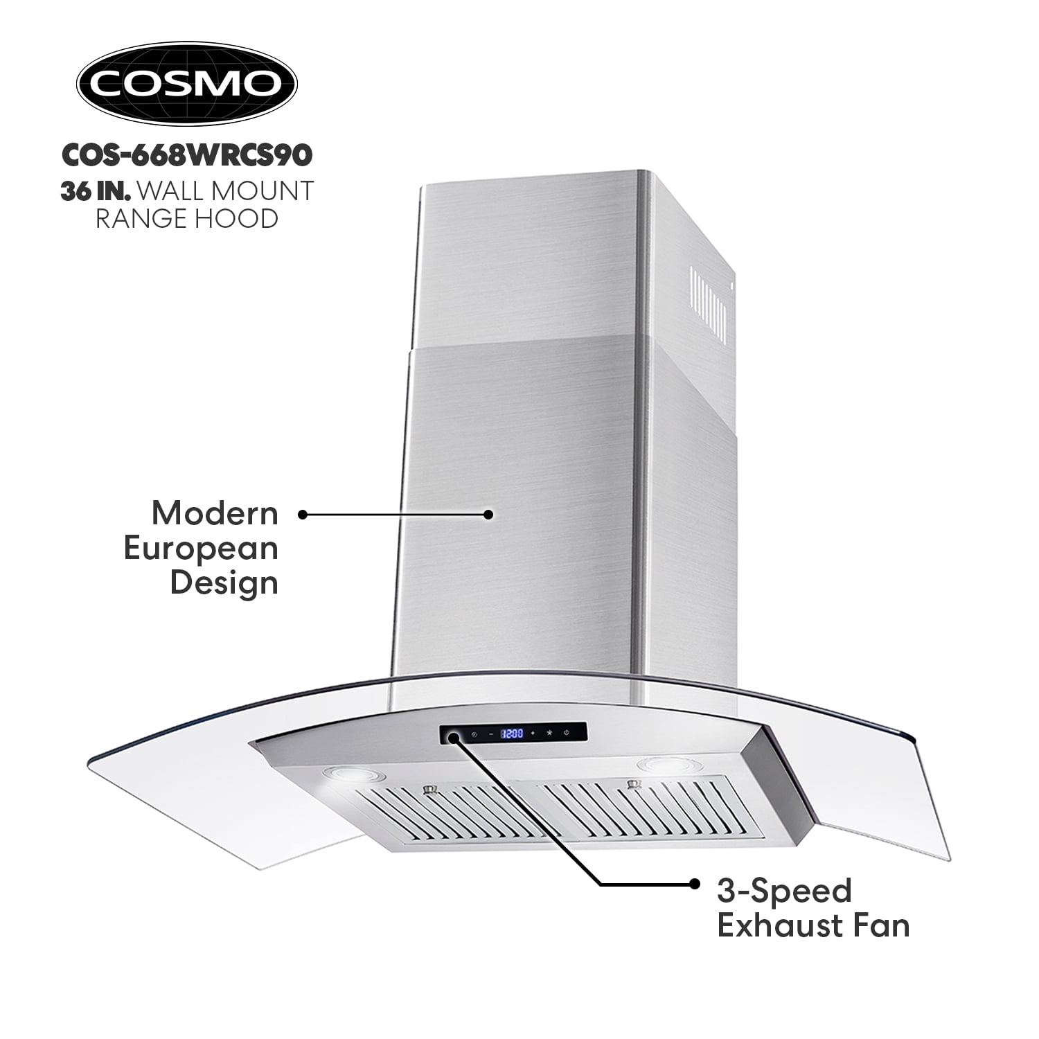 Cosmo 36 in. Ducted Wall Mount Range Hood Kitchen Hood in Stainless Steel with Touch Controls, LED Lighting and Permanent Filters