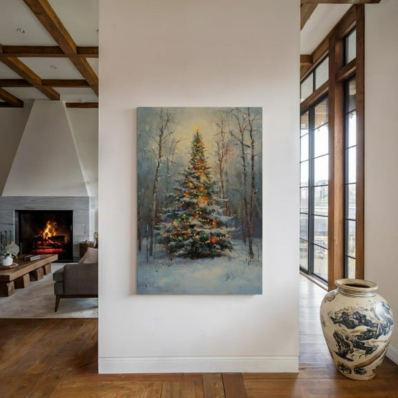 Velto Snow-Covered Holiday Tree Canvas – Vibrant Festive Lights in Winter Forest Wonderland for Seasonal Decor, SIZE 8x10 INCLUDE Pine Wood Frame 1.25-Inch