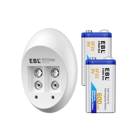 EBL 2Pcs 6F22 600mAh 9V Rechargeable Batteries with USB Battery Charger