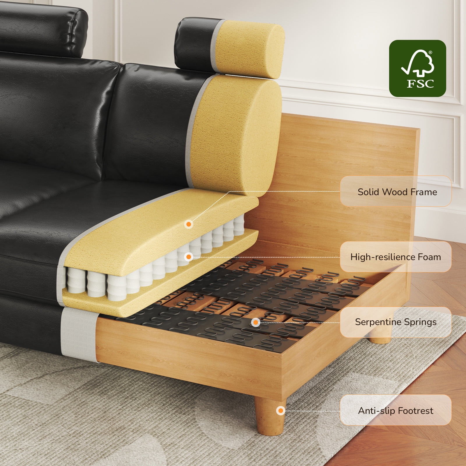87" Sofa Premium PU Leather Couch with Headrest, Comfy 27" Extra Deep Seat 3 Seater Sofa for Living Room, Includes 2 Pillows, Black