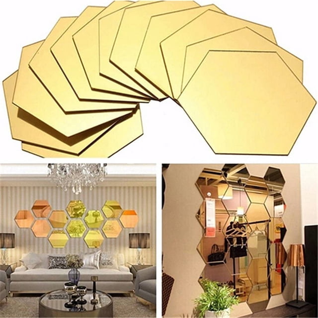 Pegatinas de pared de espejo Decoración de espejo hexagonal Mural acrílico hexagonal Azulejos de plástico Hogar Sala de estar Dormitorio Sofá TV Fondo Decoración de pared 12 piezas Plata