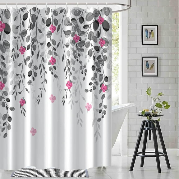 Grey Eucalyptus Shower Curtain, Spring Plant Leaves with Floral Shower Curtain for Bathroom Waterproof Fabric Shower Curtain Set with Hooks, 72x72 Inch