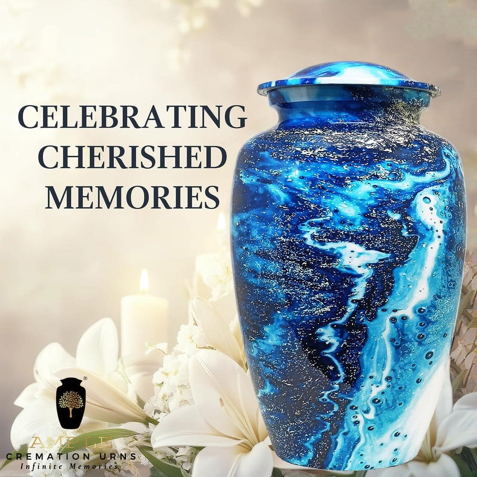 AMPLE CREMATION URNS | Blue Ocean Waves Cremation | Aluminum Urn with Soothing Sea-Inspired Design | Secure Airtight Lid | Memorial Urn for Adult Ashes | 200 lbs. | 6.5 x 10.5 inches | Blue