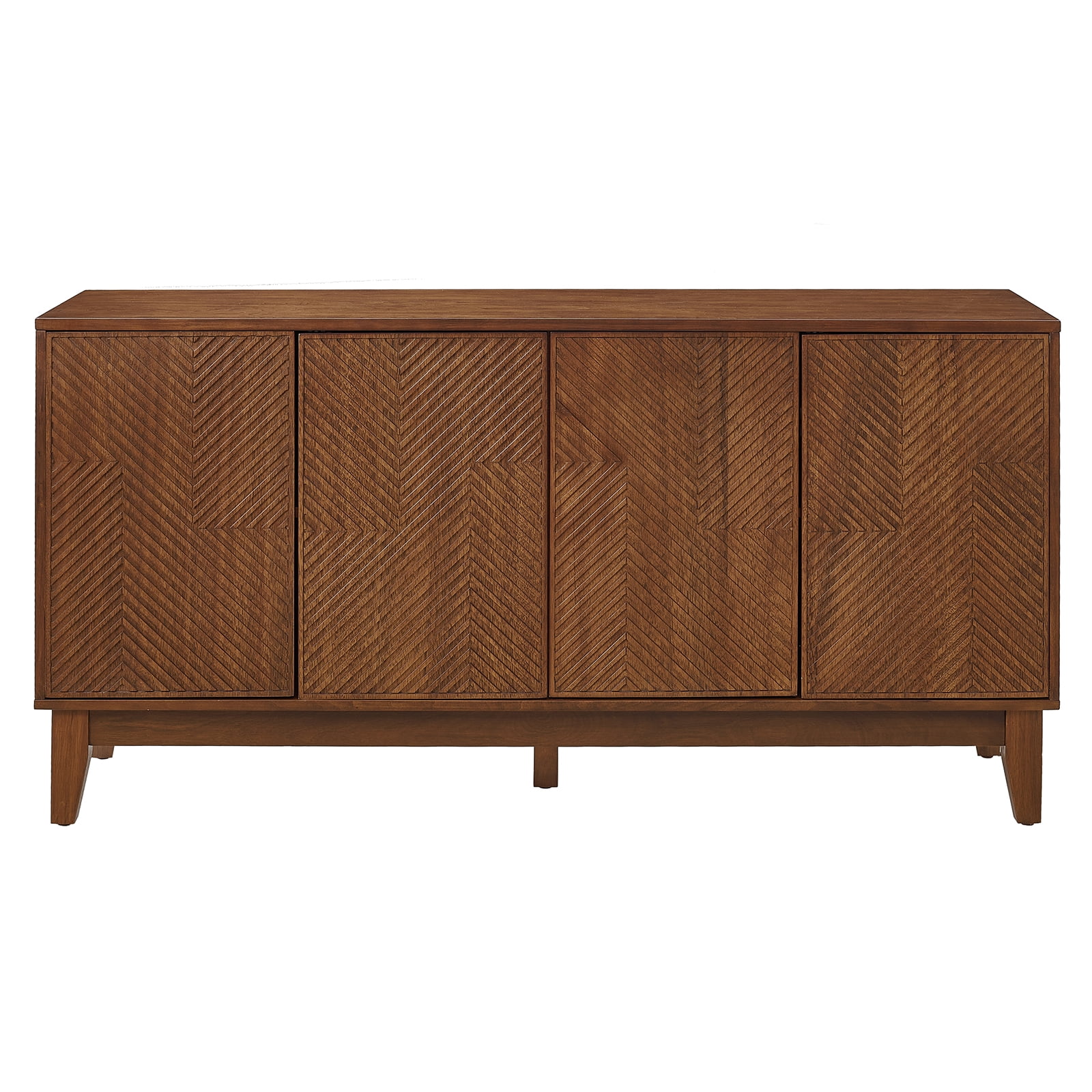 56-Inch Mid-Century TV Stand with Carved Geometric Doors and Adjustable Shelves, Wood Media Console and Entertainment Center, Walnut