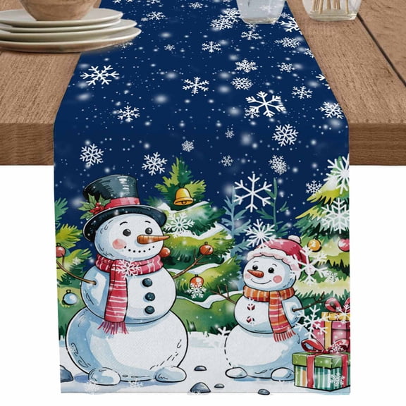 nqOlkjepod Christmas Snowman Table Runner 70 Inches Long Farmhouse Dress Scarves, Winter Snowflakes Xmas Trees Navy Blue Dining Tablerunner for Coffee Table/Kitchen Island/Party Décor, 13" x 70"