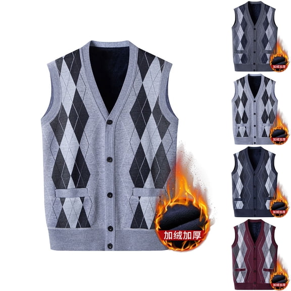 Men's Knit V-Neck Cardigan Waistcoat Coat Sweater Vest Casual Loose Fit Warm Soft Waffle Knit Loungewear Travel Office Modern Fashion Essential | AESTIVO,Dark Blue L