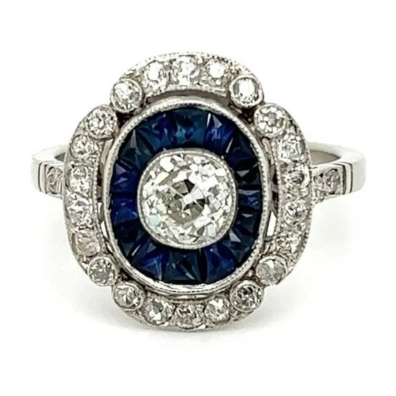 Vintage Art Deco Style Diamond Engagement Ring, Milgrain Bezel Set Diamond Ring, Floral Cluster Double Halo Blue Sapphire Ring, Accents Diamond Ring, 925 Sterling Silver, 2.1 Ct Simulated Diamond
