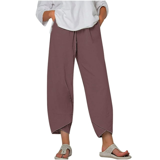 Timegard Plus Size Pants for Women Elastic Waist Solid Color Comfy Fall Casual Crop Pants with Pockets