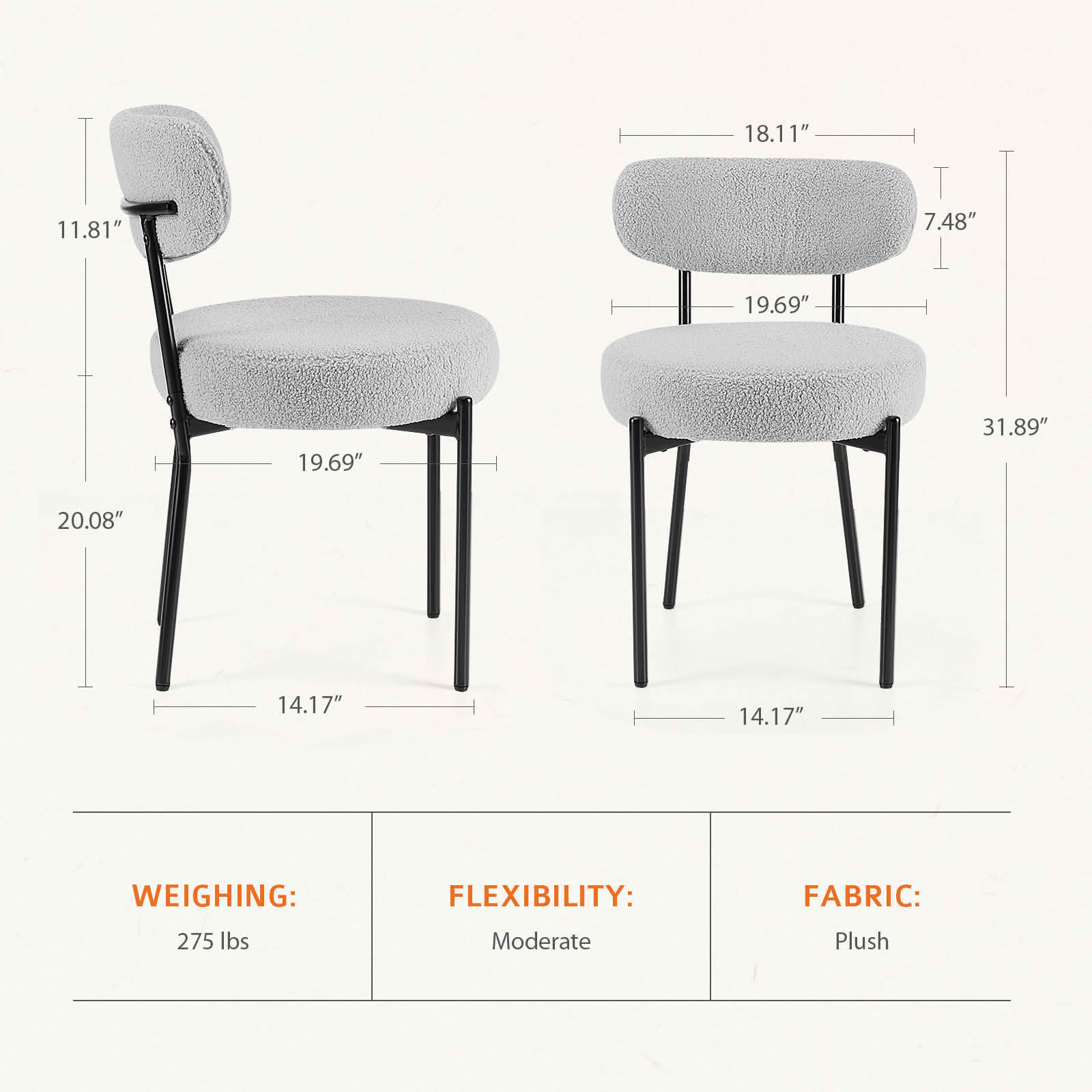 MAYEERTY Comfort Dining Chair White Seat Cushion Black Steel Frame Upholstered Backrest Dining Room Bedroom Set of 2