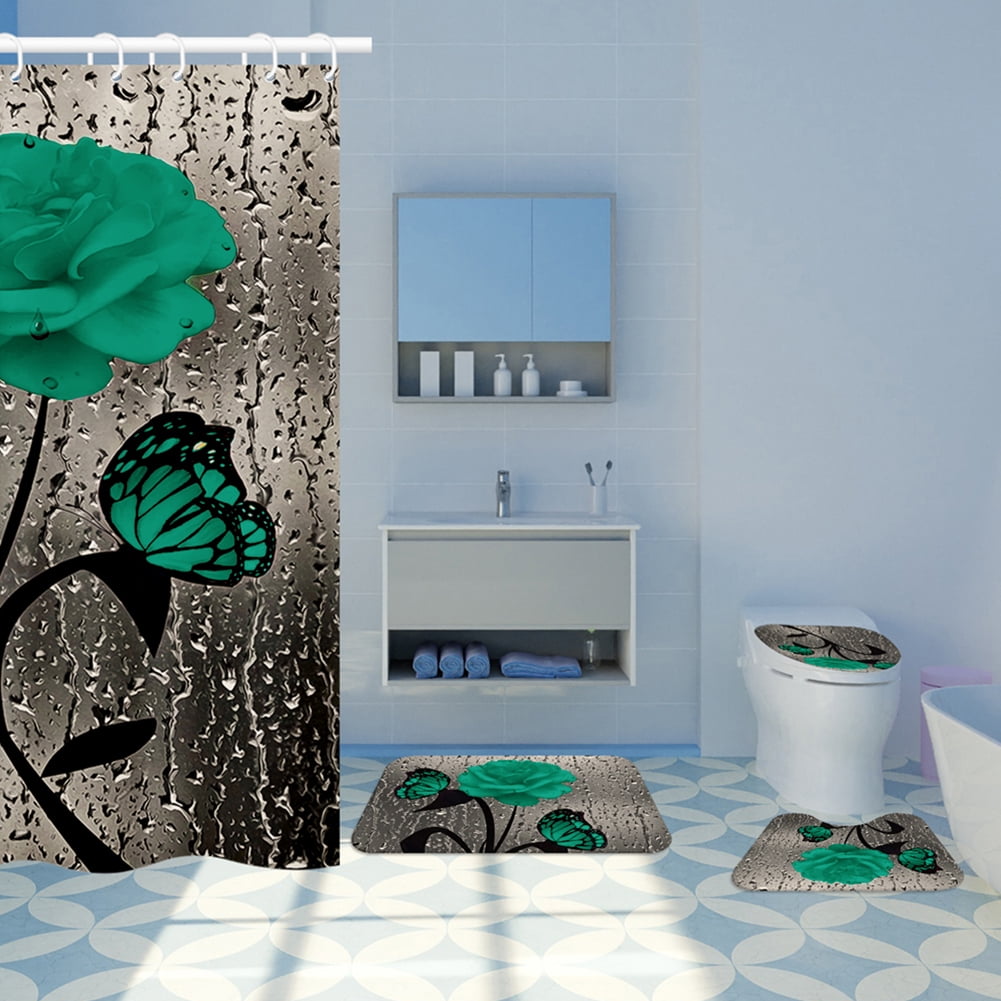 4 Pcs Bathroom Shower Curtain Set Green Rose Shower Curtain Bathroom Sets Valentine's Day Shower Curtain Sets with Rugs(Bath Mat,U Shape and Toilet Lid Cover Mat) and 12 Hooks