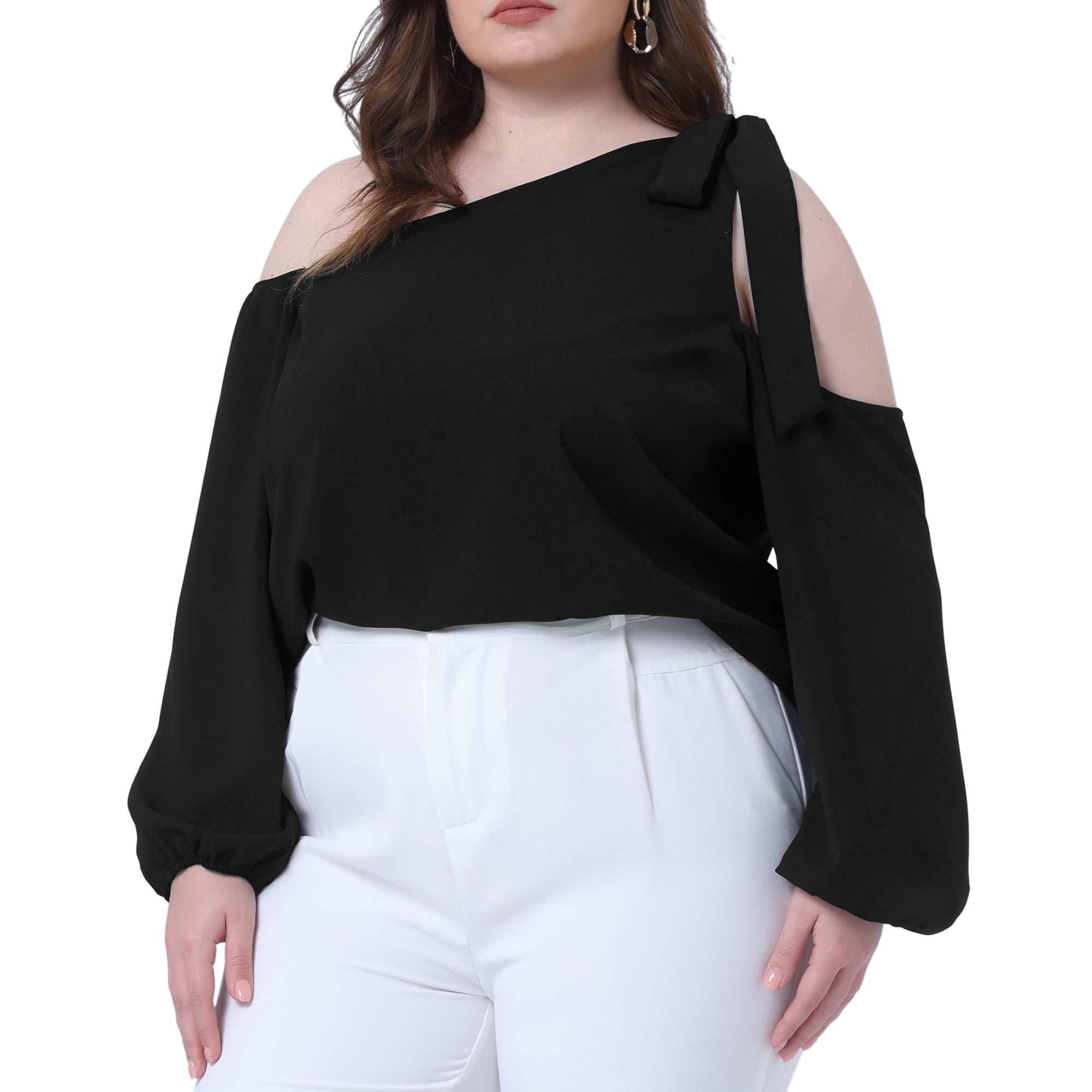 DARING DIVA Women's Plus Cold Shoulder Tie Long Sleeve Blouse 2X Black