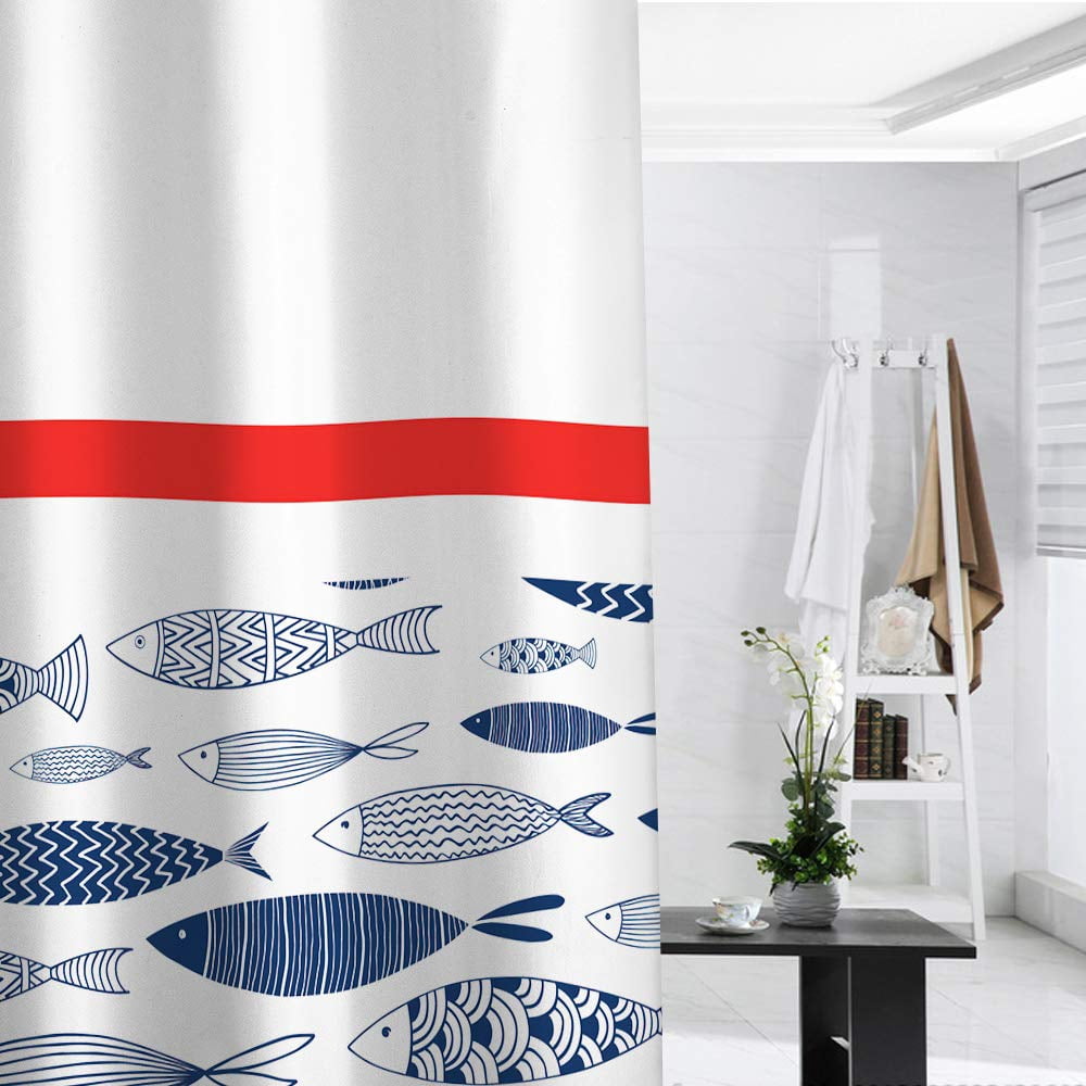 Shower Curtain Set with 12 Hooks Waterproof White Fabric, 70"x70" - Fish