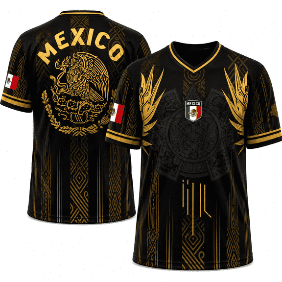 Mexico Soccer Jersey, Men's Aztec Mayan Calendar Mexican Flag Football Shirt, Black Breathable T-Shirt Size:S