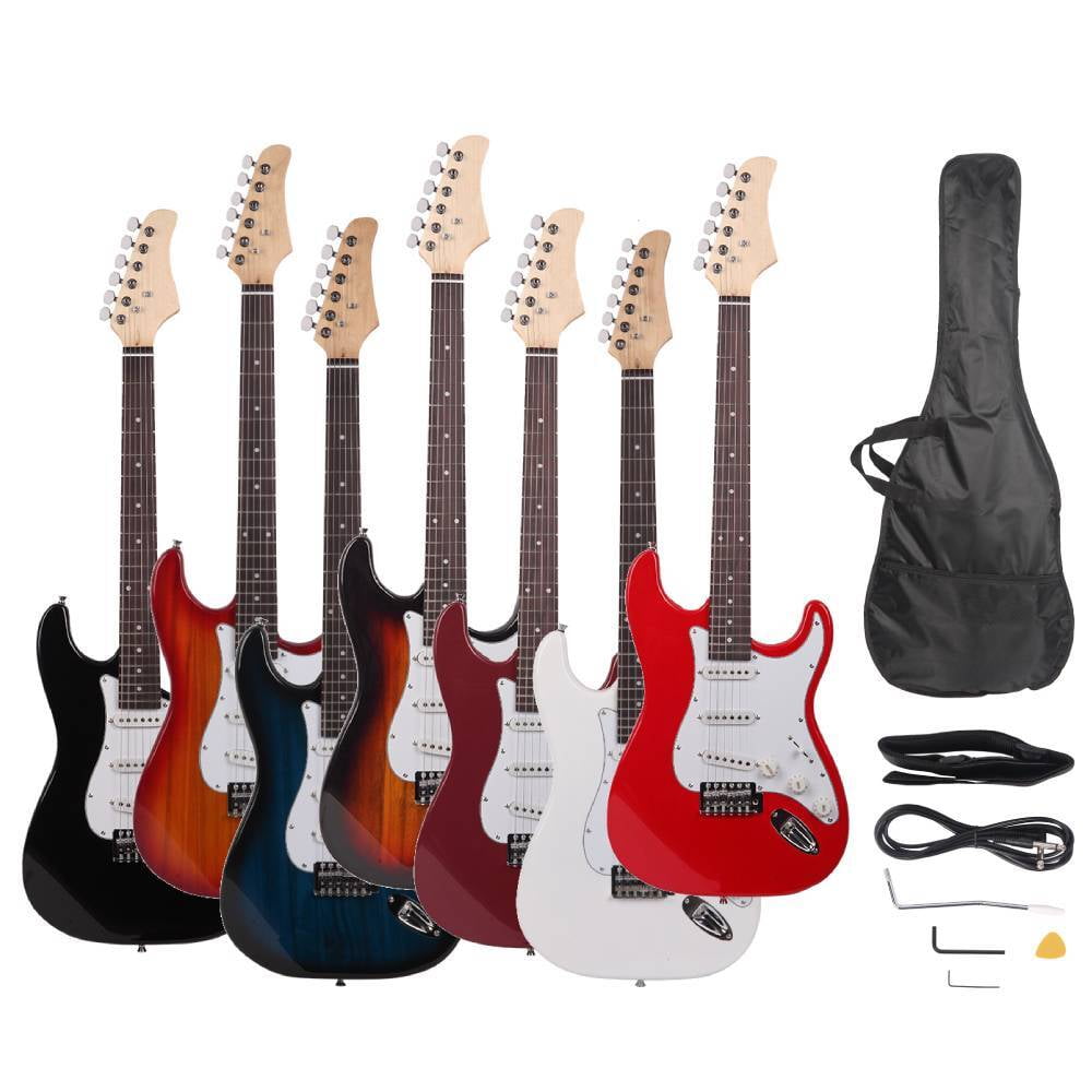 HarmonyStrings 39 Inch Rosewood Fingerboard Electric Guitar,Electric Guitar Beginner Kit Solid Body Full Size Pick Up for Starter, with Bag, Picks, Capo, Strap, Cord,Allen Wrench, Tremolo Arm Black