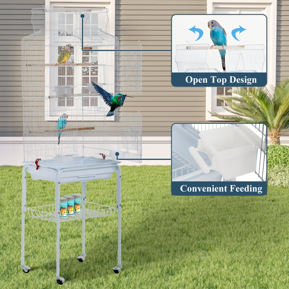 Bird Cage with Stand Parrot Cages for Large Birds Parakeet Cage with Play Top & Rolling Stand for Medium Canaries, Lovebirds, Cockatiels, Parrots, White