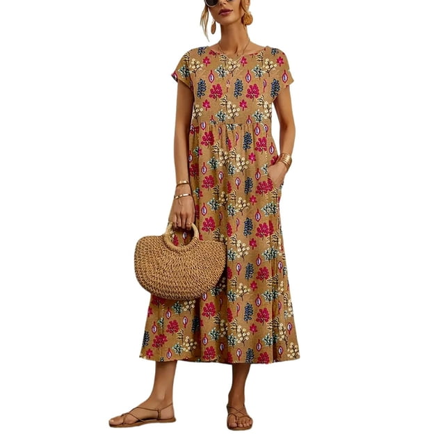Innerwin Robe d'Été de Plage à Manches Courtes pour Femmes Robe Longue de Soirée Col Rond Kaftan Maxi Robes Kaki L