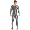 thumbnail image 3 of YONGHS Men's Shiny Glossy Long Sleeve Unitard Full Bodysuit Leotard Jumpsuit Halloween Zentai Dark Grey M, 3 of 7