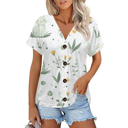 NAMTYQX Easter Women s T-Shirts Easter Bunny Print Short Sleeve Casual V Neck Lightweight Plus Size Baggy Button Down Open Front Trendy Soft White Size L