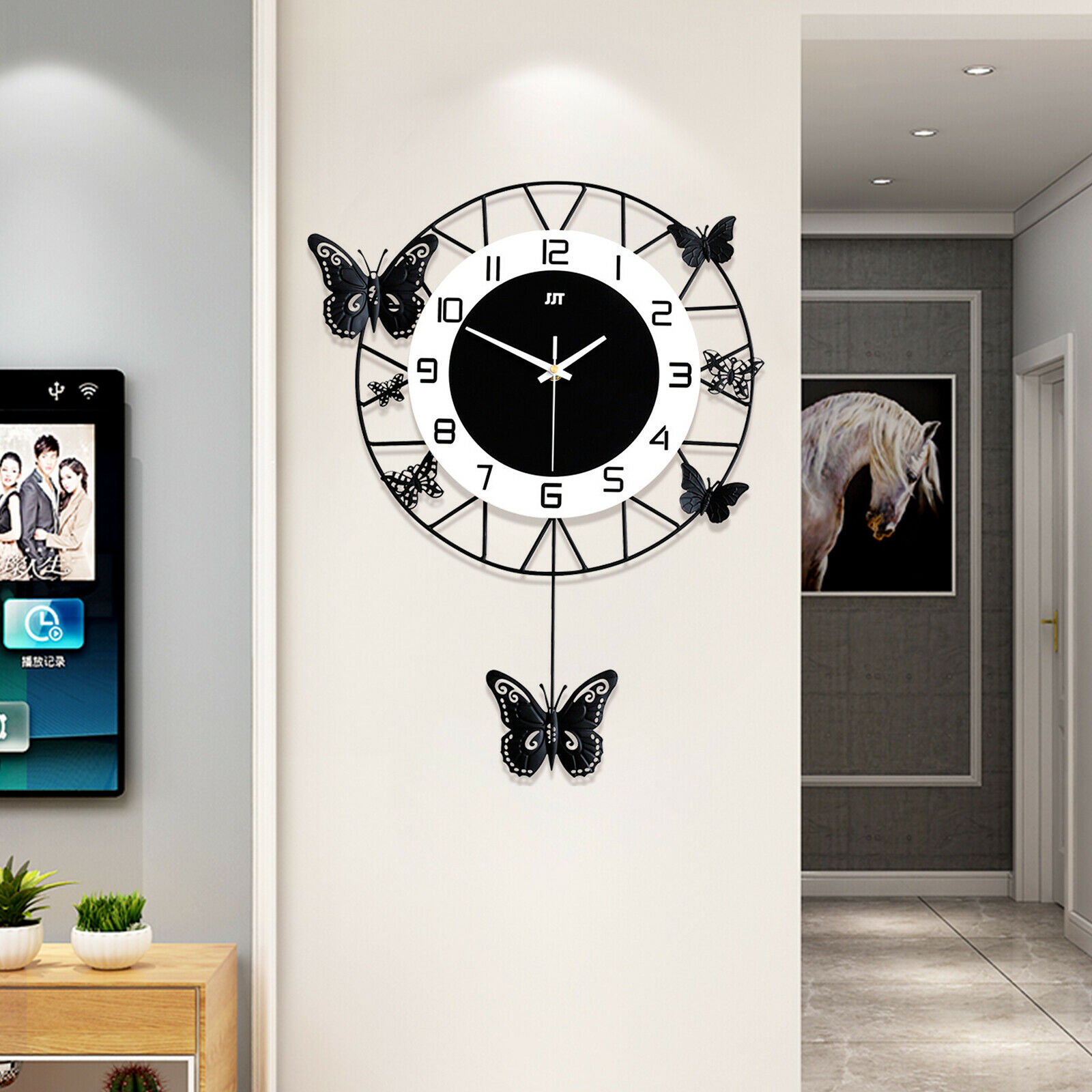 掛け時計 20INCH 3D Quartz Wall Watch Round Butterfly Clock Black White Dial  掛け時計、壁掛け時計