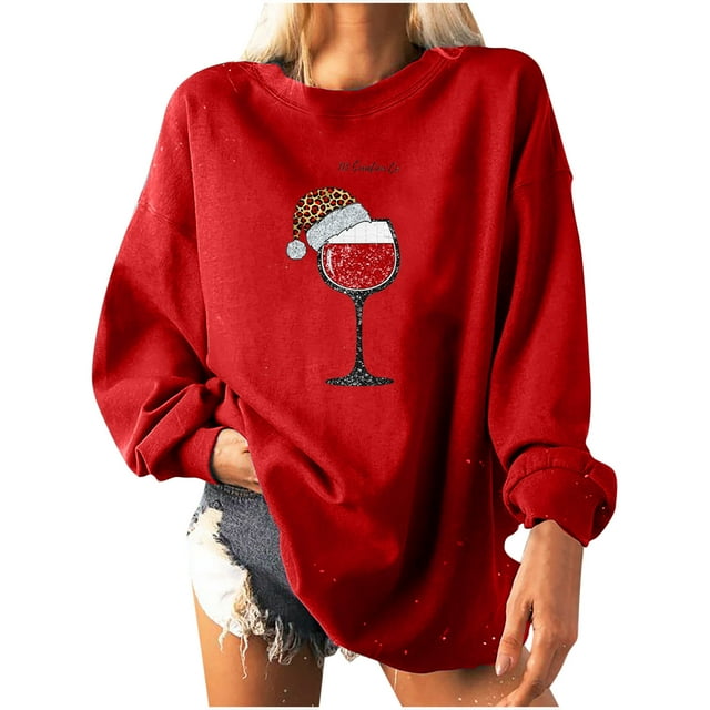 Pompotops Women Christmas Print Loose O-Neck Long-Sleeved Fleece Oversized Sweatshirt Pullover
