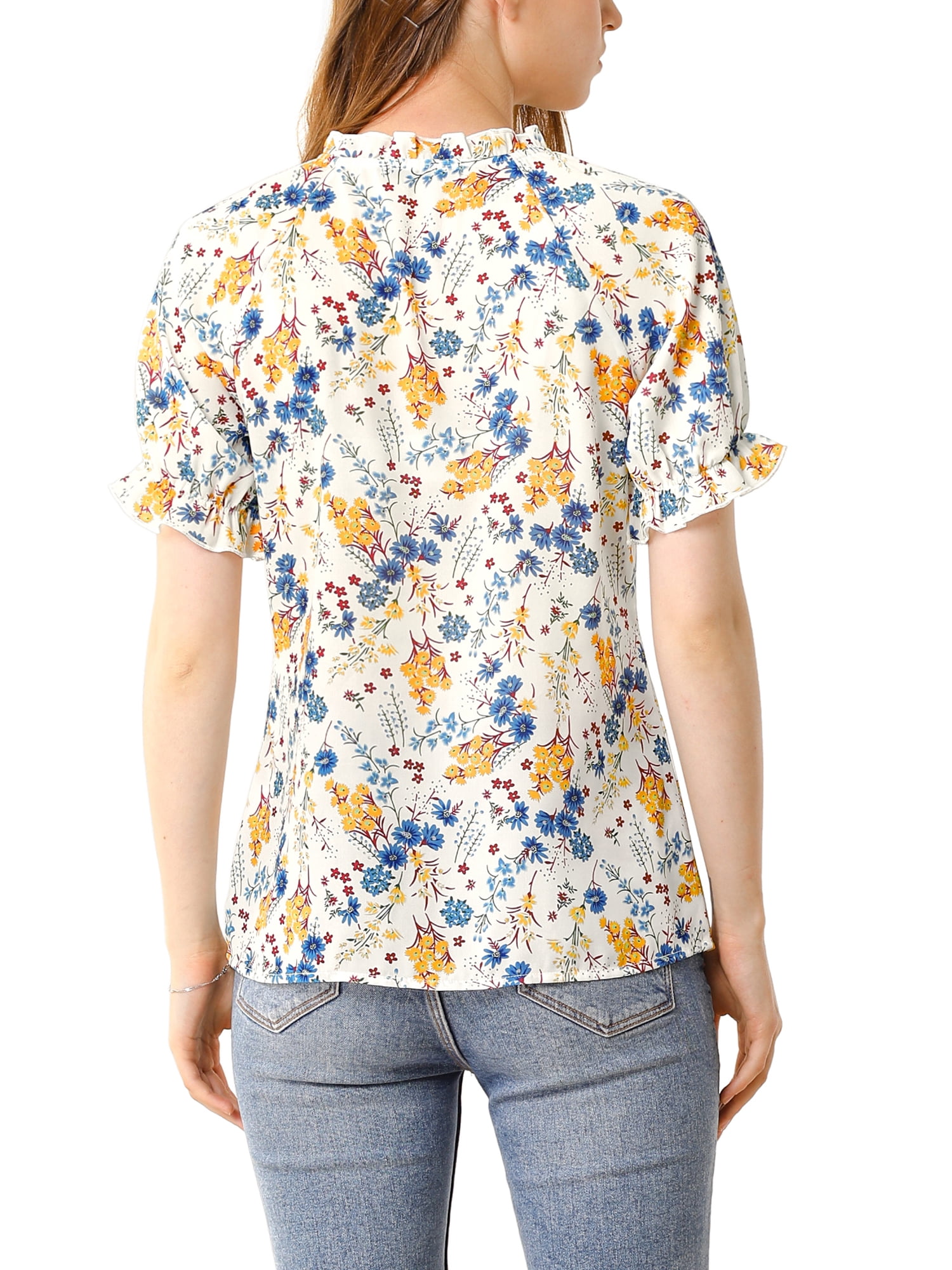 DARING DIVA Women's Floral Ruffled Neck Short Sleeves Top Blouse XS White Blue