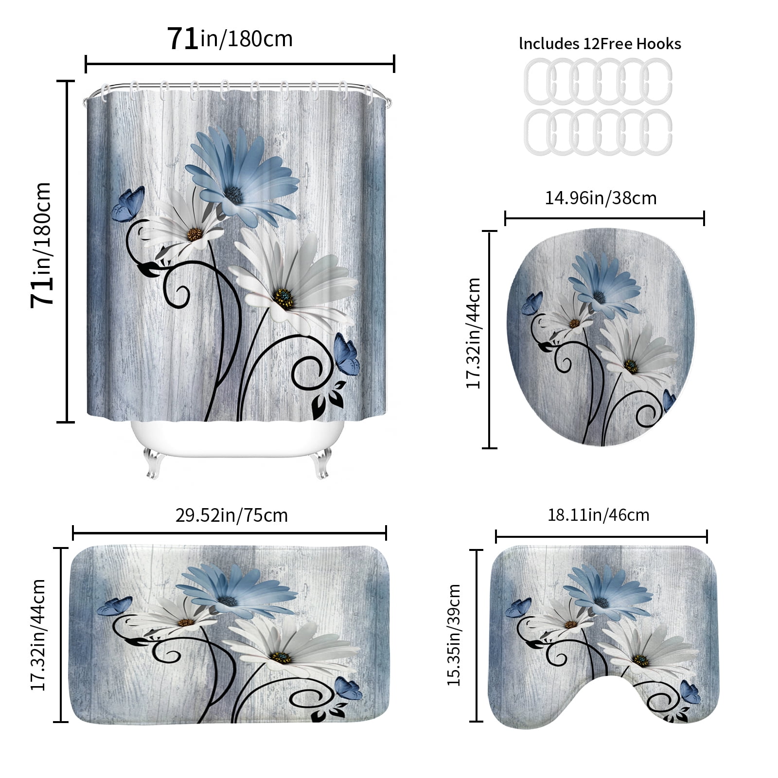 Hadint 4Pcs Blue Daisy Floral and Butterfly Shower Curtain Set, Shower Curtain and Rug Set, 12 Pcs Hooks, 71inx71in