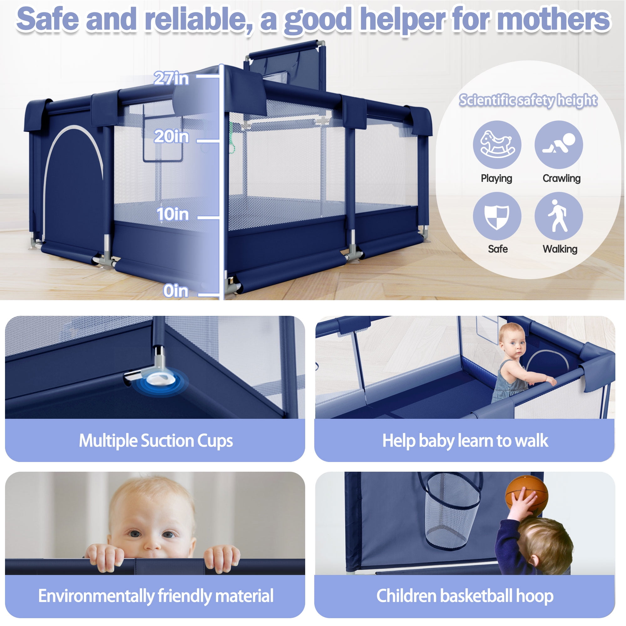 Babyeap Baby Playpen, Play Yard, Toddlers Playards, 50"x50" Infant Travel Fence with Basket, Blue