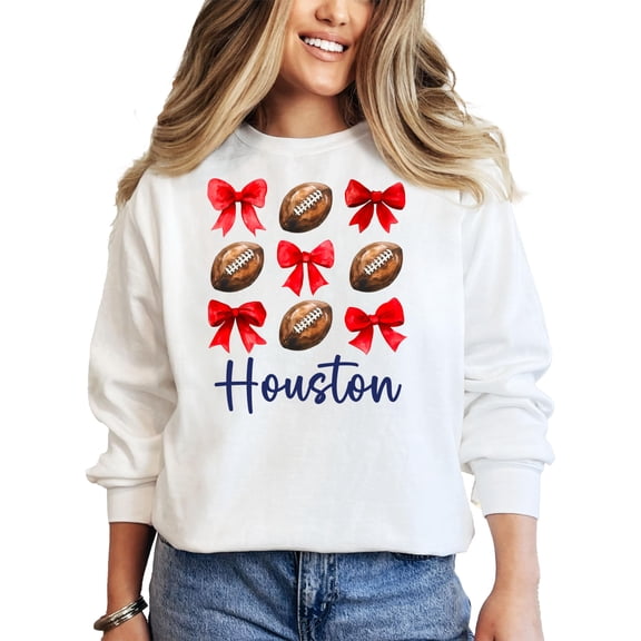 Houston Football Sweatshirt for Women Red Bows and Footballs Texas Game Day Pullover White Sweatshirt Adult X-Large