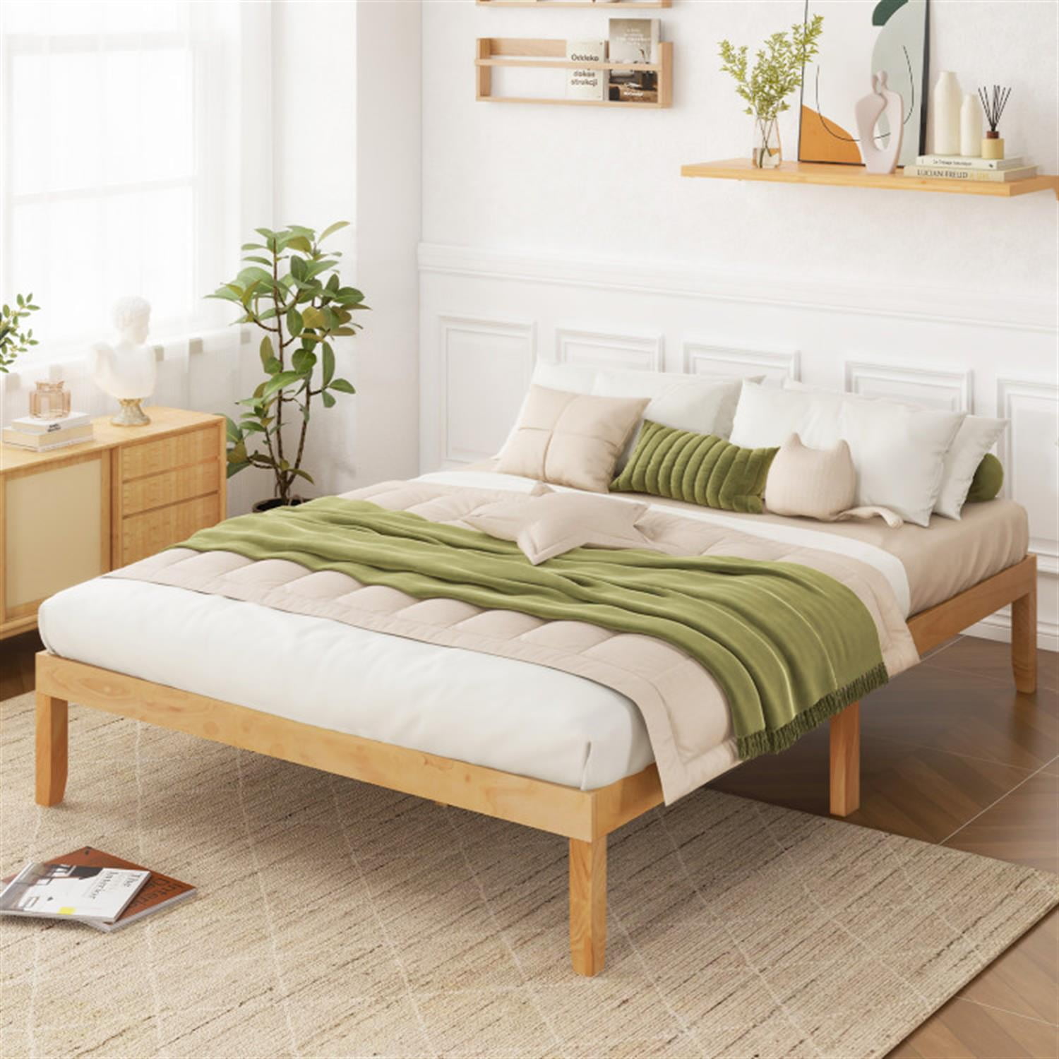 Demi Bonn Queen Size Bed Frame with Wooden Slats Support and Rubber Wood Legs, Acacia Wood Platform Bed Frame with Under Bed Storage, No Box Spring Needed, Beige