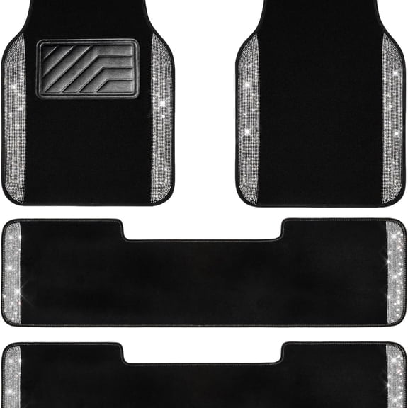 3 Row Bling Diamond Car Mats Shining Carpet Rhinestones Sparkly Glitter Floor Mats Anti-Slip PVC Heel Pad Universal for Automotive SUV,Sedan,Van, 3rd Row 2 Rear for Girl Women, Black Silver