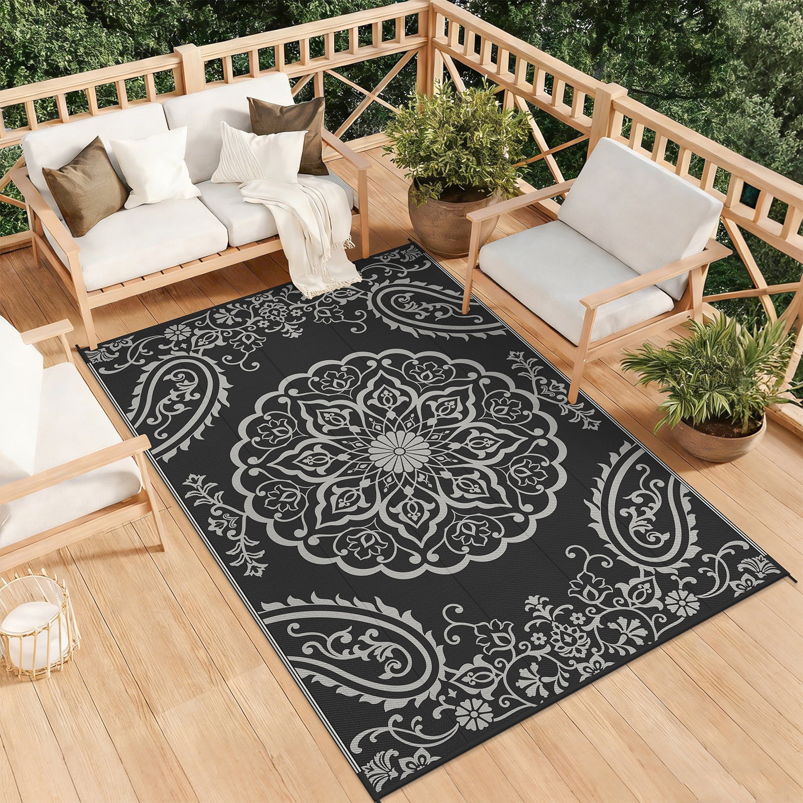 MeyJey 6'x9' Outdoor Rugs for Patio, Patio Rug Waterproof RV Mats, Plastic Straw Camping Area Rug for Indoor Porch Balcony Beach Mat, Black/Grey