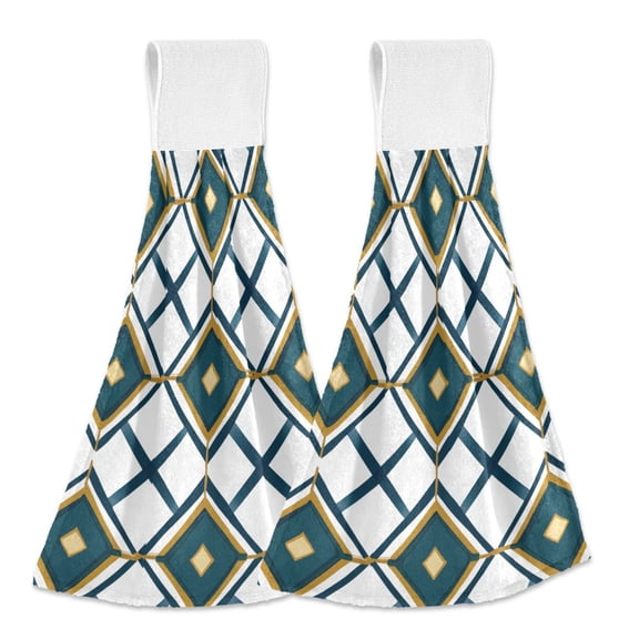 Yayeee Kitchen Hanging Hand Towels Set of 2 with Loop Bathroom Absorbent Tie Towel, Gold Geometric Pattern