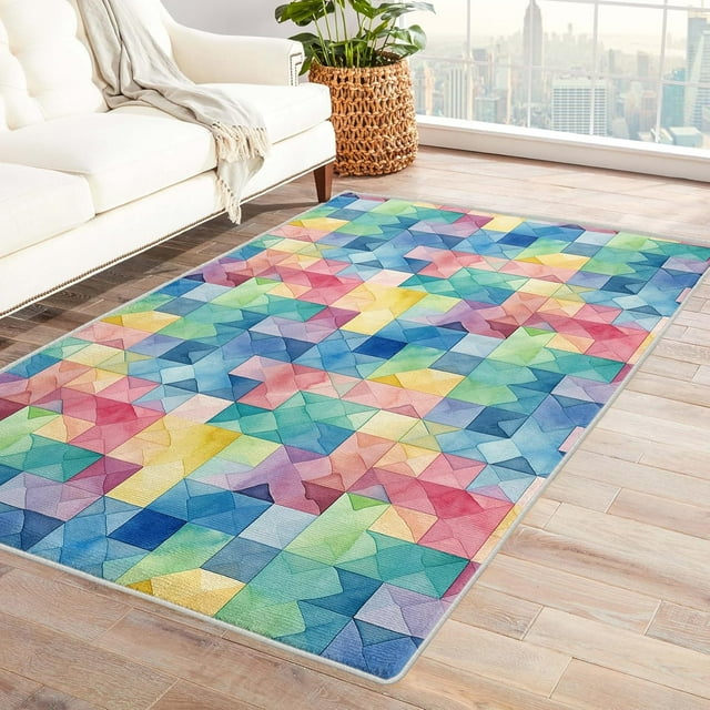 4x5 Area Rug Geometric Rugs, Colorful Carpet for Living Room Bedroom Abstract Patterned Indoor Home Decor, Non Slip Soft & Low Pile Large Washable Rug ZH&170